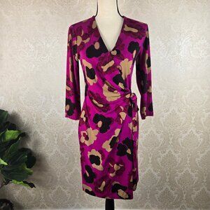 Anne Klein Size S/M Fuchsia Floral Print Faux Wrap Dress 3/4 Sleeve V-neck